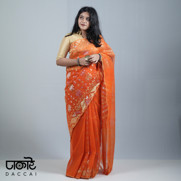 Orange Jamdani Saree with Golden Contrast