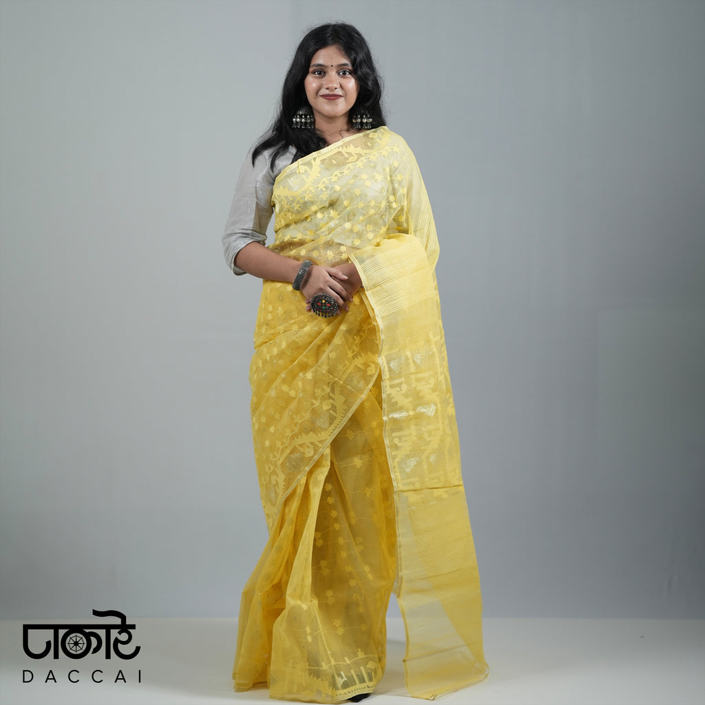 Yellow half silk Jamdani Saree