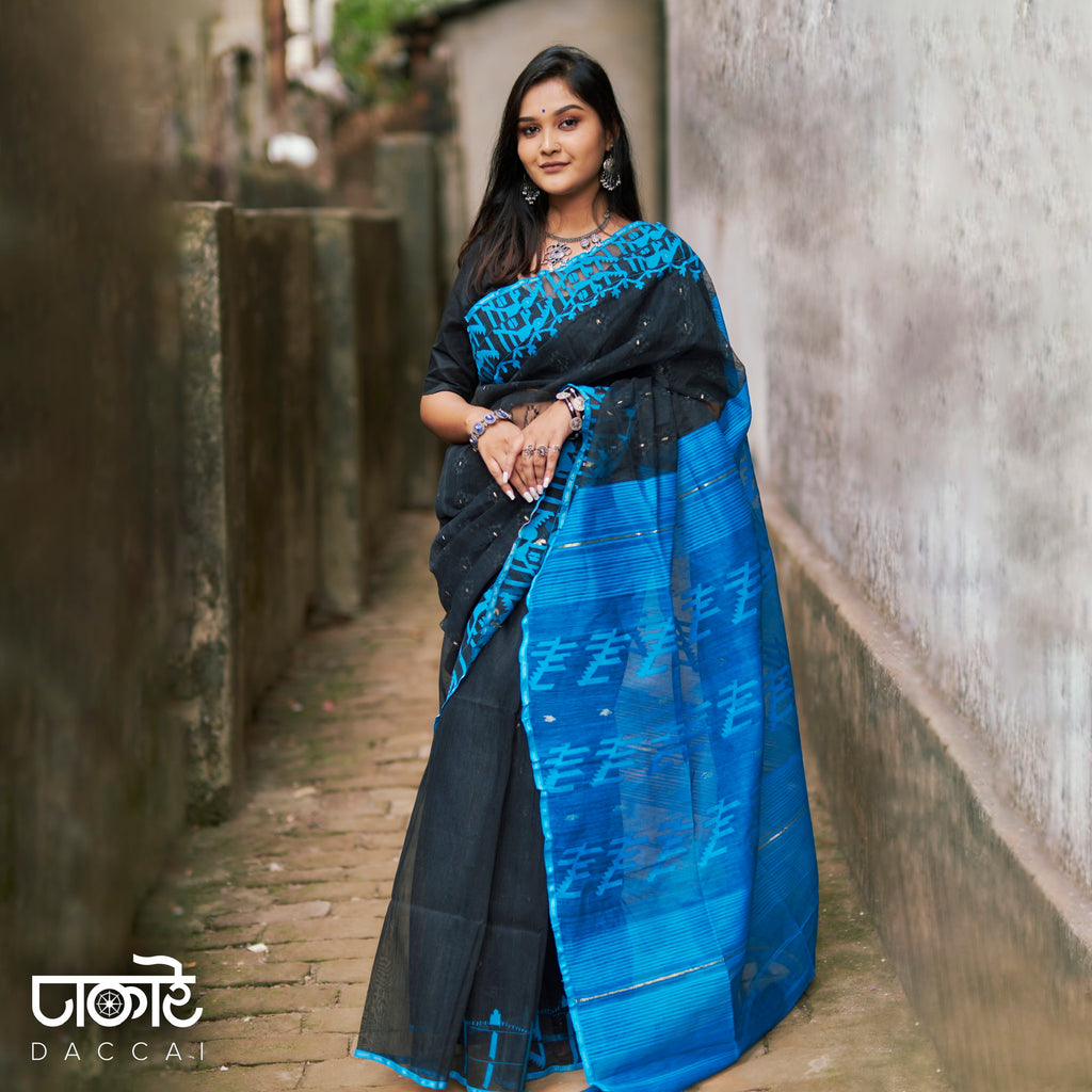 Black Jamdani Saree With Blue Contrast