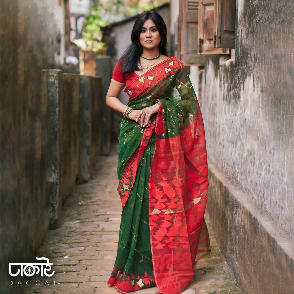 Green Jamdani Saree With Red Contrast