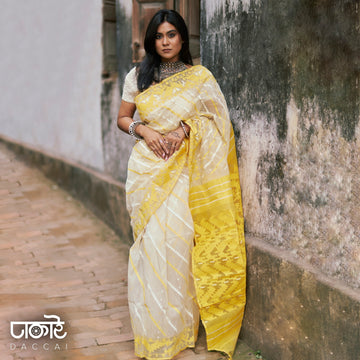 White Jamdani Saree With Yellow Contrast