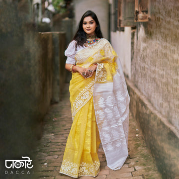 Yellow Jamdani Saree With White Contrast